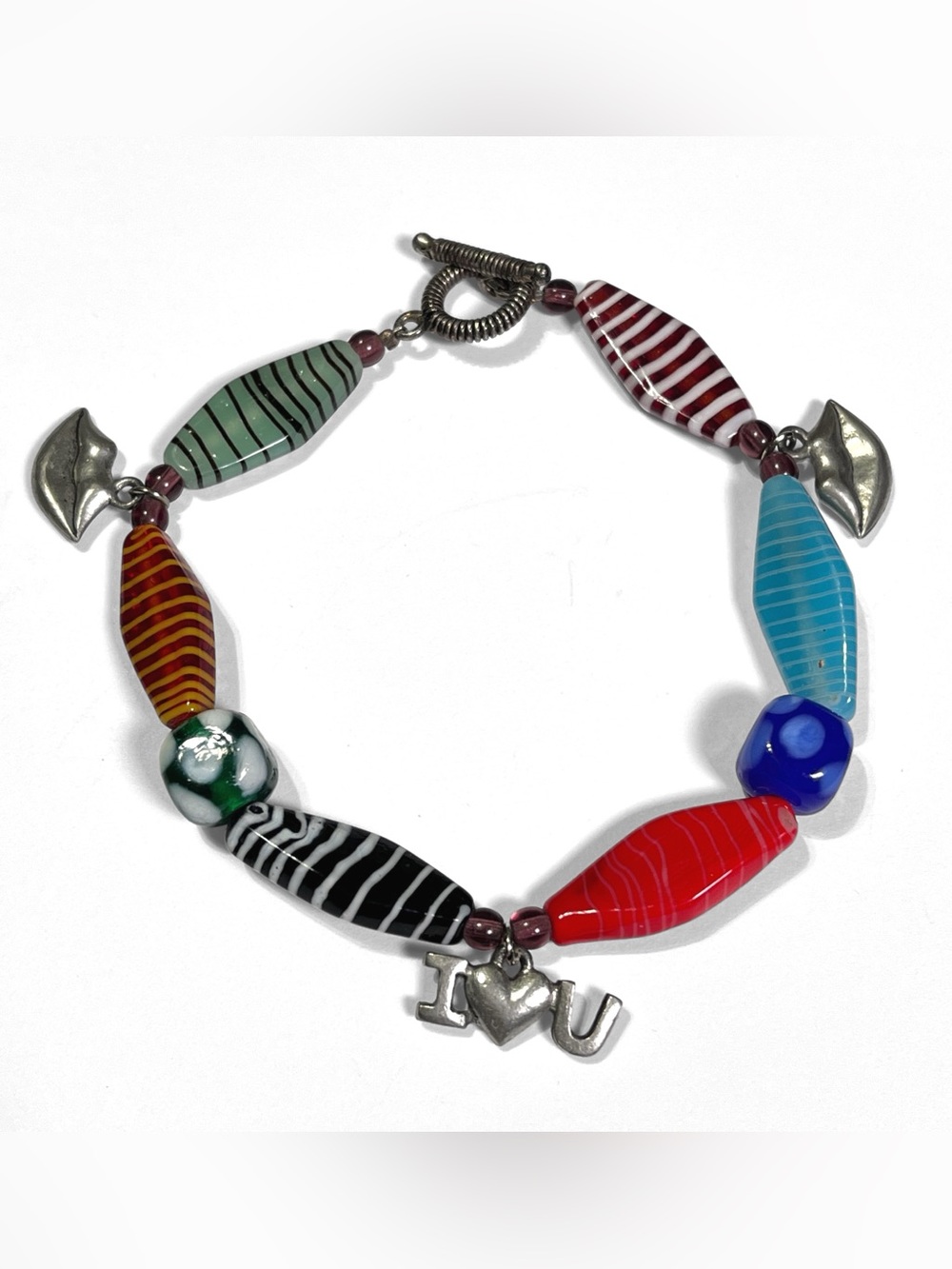 Colorful Art Glass Bead Bracelet I Heart U Lips Charms Toggle Clasp 8.5" Vintage